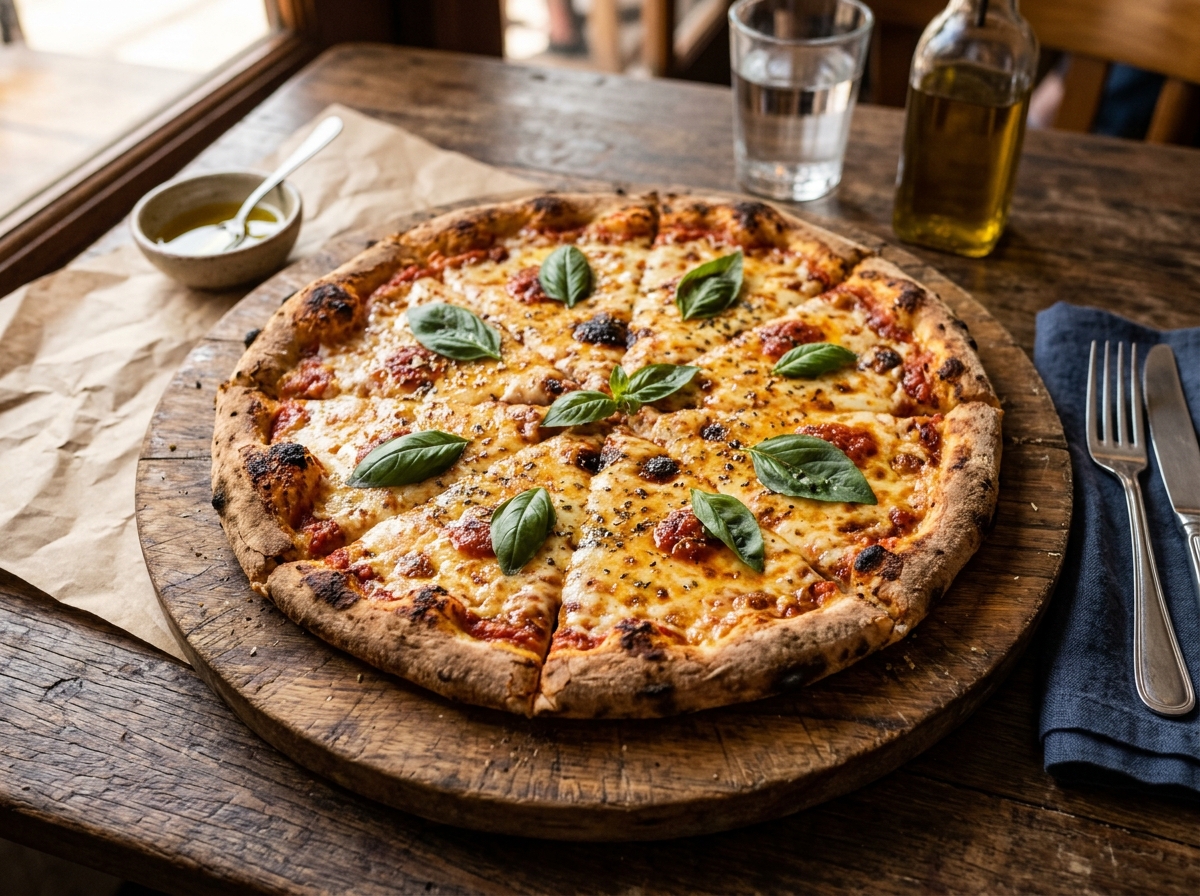 Pizza artesanal Dom Dedé — massa, queijo e manjericão